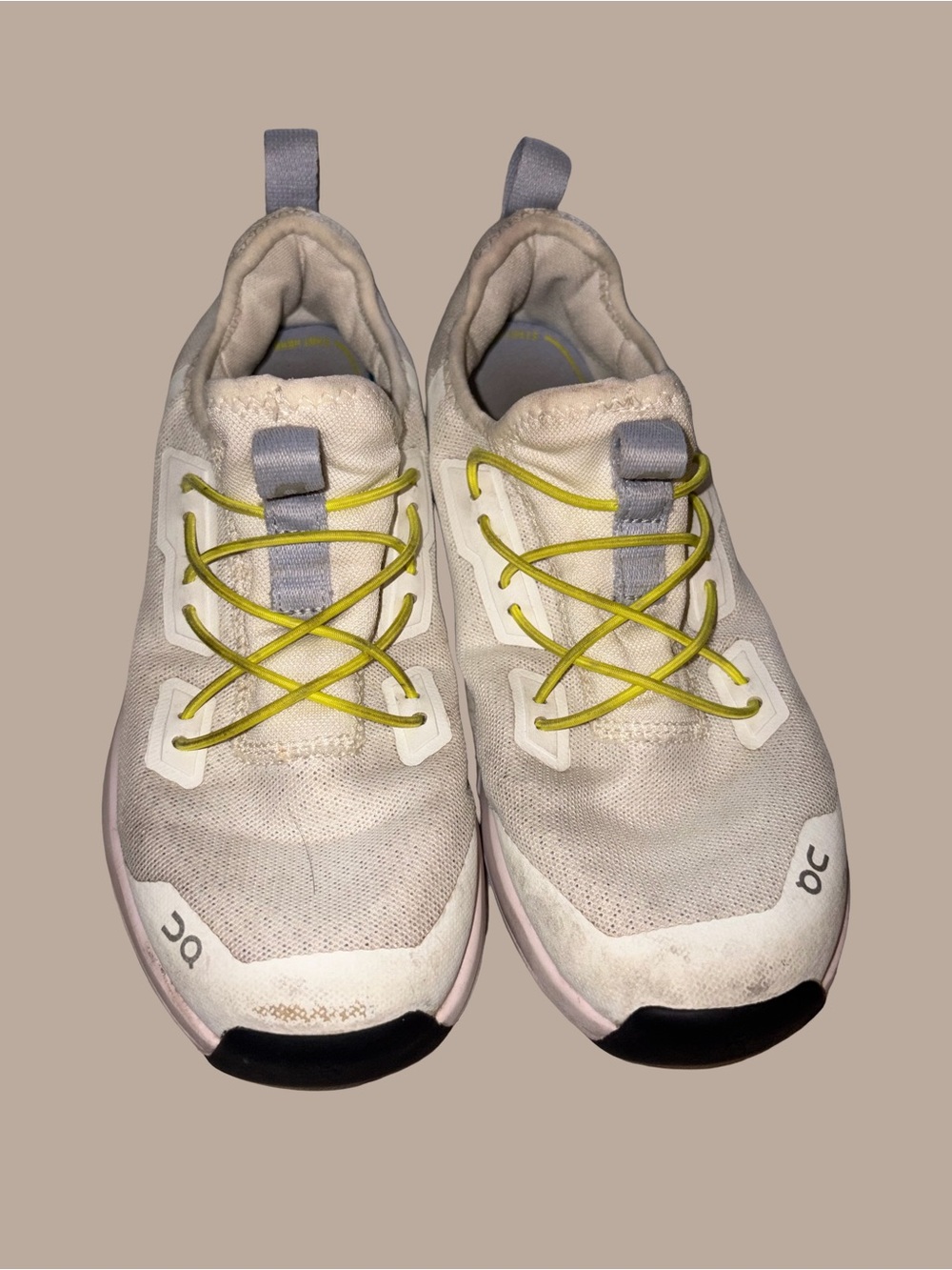 On Running Kids Sneakers in White with Yellow Laces and Gray Tabs